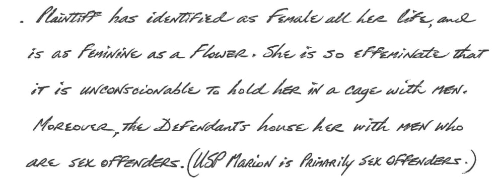 An excerpt of Cristina Iglesias’ 2019 lawsuit reads "plaintiff has identified as female all her life, and is as feminine as a flower. She is so effeminate that it is unconscionable to hold her in a cage with men. Moreover, the defendants house her with men who are sex offenders. (USP Marion is primarily sex offenders.)"