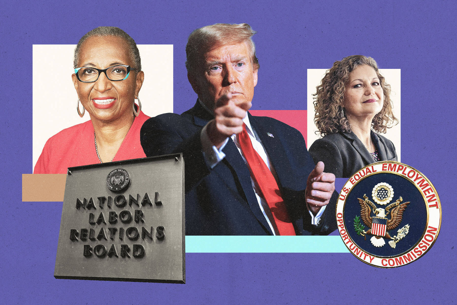 An illustrative image with a purple background featuring Donald Trump, the National Labor Relations Board logo and the Equal Employment Opportunity Commission logo.