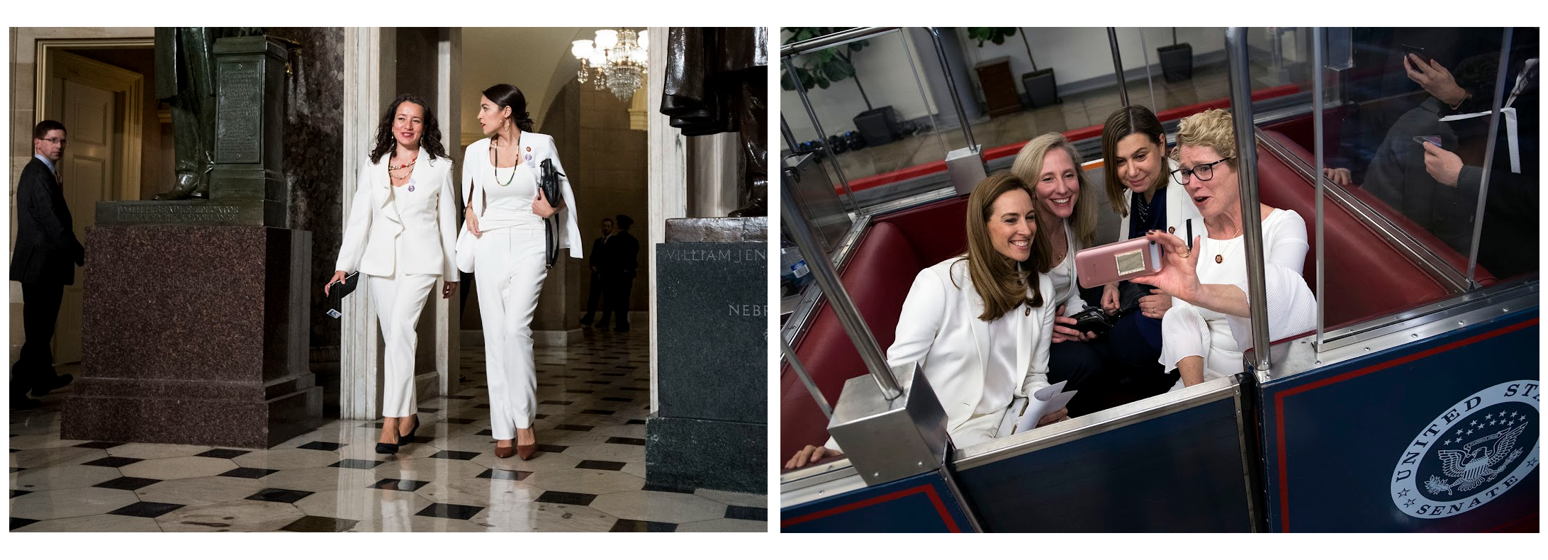 LEFT: Rep. Alexandria Ocasio-Cortez walks with her State of the Union guest Ana Maria Archila before Presiden Trump's State of the Union address, on February 5, 2019. RIGHT: Reps. Mikie Sherrill, Abigail Spanberger, Elissa Slotkin, and Chrissy Houlahan, ride to Russell Building on February 5, 2019.