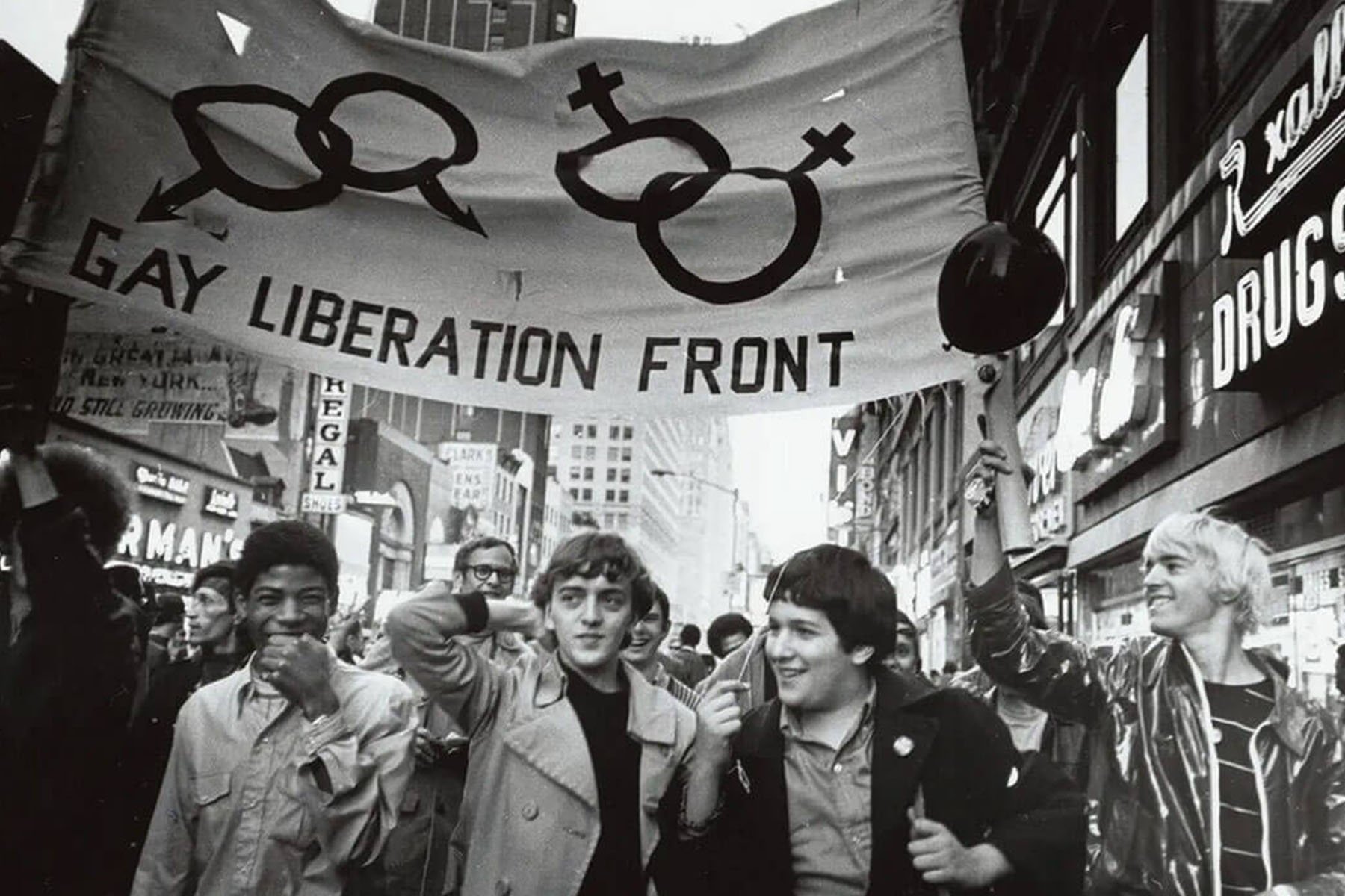 Demonstrators with the Gay Liberation Front march on Times Square in New York City in the fall of 1969