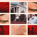 A fragmented collage of state capitol buildings and close-up images of a woman’s face, including her closed eye and mouth. Some of the buildings are tinted red, while others retain natural tones.