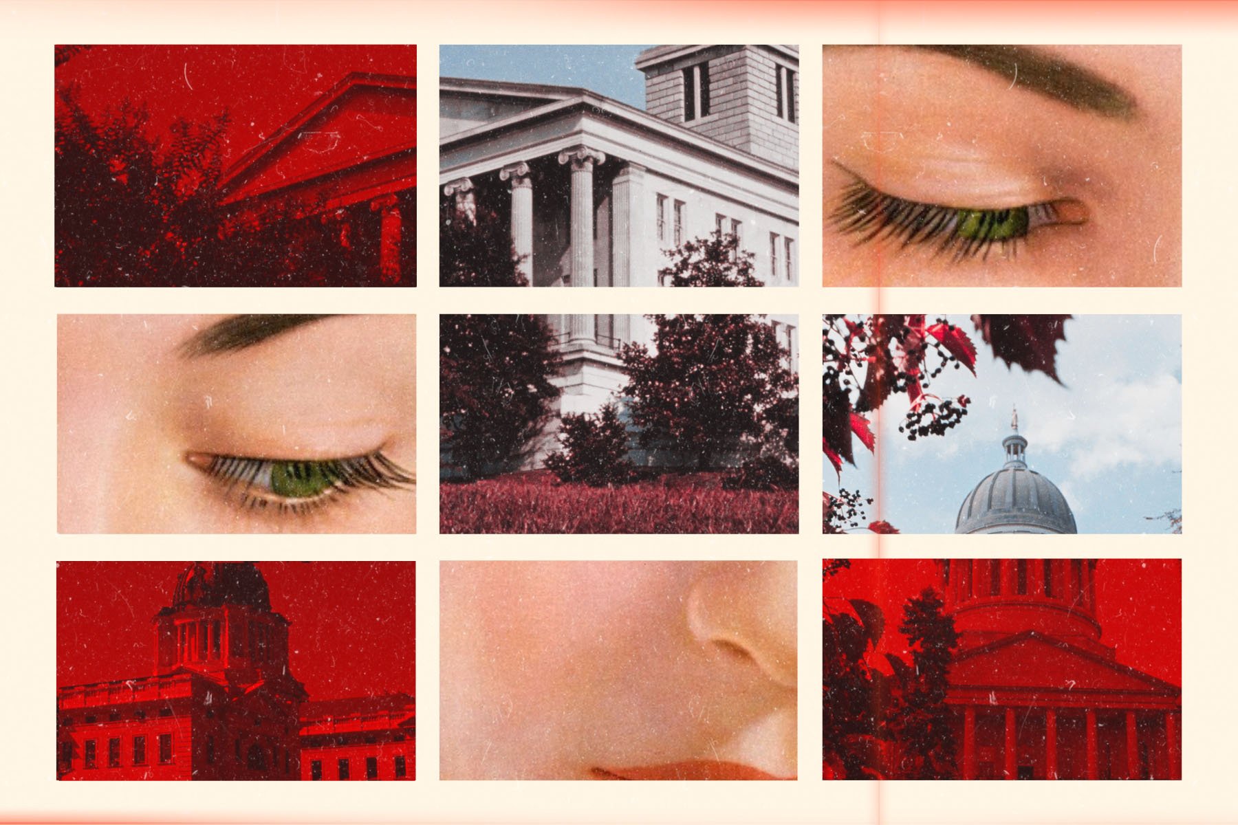 A fragmented collage of state capitol buildings and close-up images of a woman’s face, including her closed eye and mouth. Some of the buildings are tinted red, while others retain natural tones.