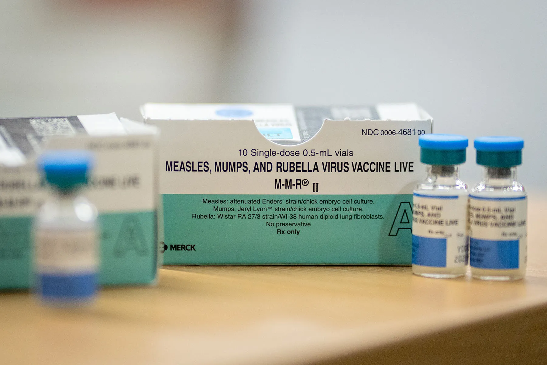 Boxes and vials of the Measles, Mumps, Rubella Virus Vaccine at a vaccine clinic put on by Lubbock Public Health Department.