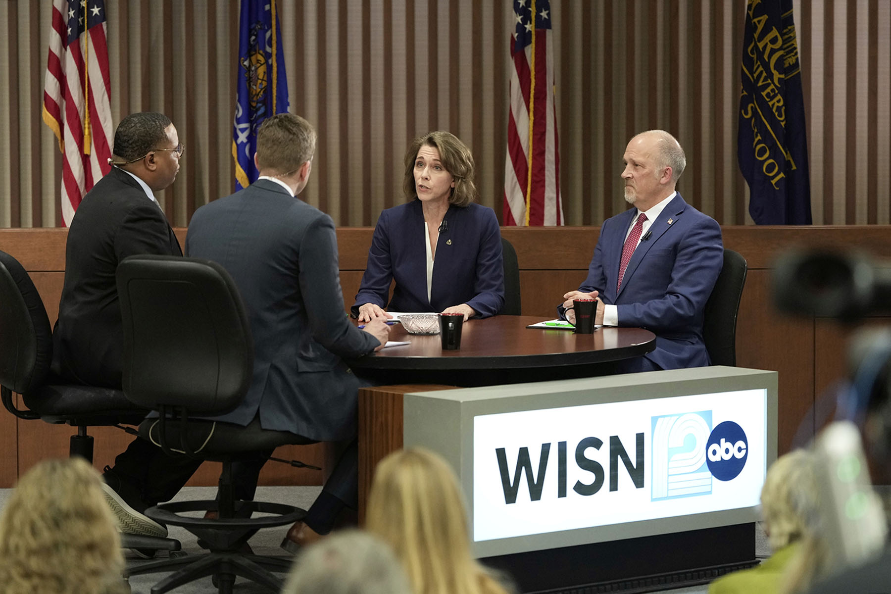 Wisconsin Supreme Court candidates Brad Schimel and Susan Crawford participate in a debate.