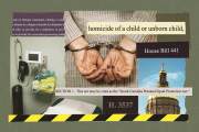 A collage-style image showing a woman in handcuffs, medical equipment in a clinic room, and the gold-domed top of a government building. Overlaid text includes “homicide of a child or unborn child,” “House Bill 441,” “H. 3537,” and “This act may be cited as the ‘South Carolina Prenatal Equal Protection Act.’” A yellow-and-black caution stripe runs along the bottom of the image.