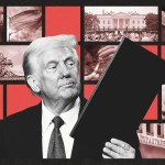 A collage featuring former President Donald Trump holding an executive order. Behind him are red and black squares filled with images representing policy areas: an ICE officer, a pride flag, the White House, Harvard’s gate, a person injecting medicine, a pregnant belly, the Department of Education building.