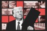 A collage featuring former President Donald Trump holding an executive order. Behind him are red and black squares filled with images representing policy areas: an ICE officer, a pride flag, the White House, Harvard’s gate, a person injecting medicine, a pregnant belly, the Department of Education building.