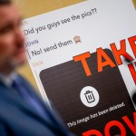 A poster is displayed next to Sen. Ted Cruz as he speaks at a news conference to unveil the Take It Down Act to protect victims against non-consensual intimate image abuse.