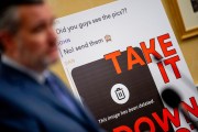 A poster is displayed next to Sen. Ted Cruz as he speaks at a news conference to unveil the Take It Down Act to protect victims against non-consensual intimate image abuse.