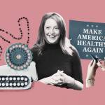 A illustrative collage with themes surrounding birth control, Make America Healthy again and Catholicism.