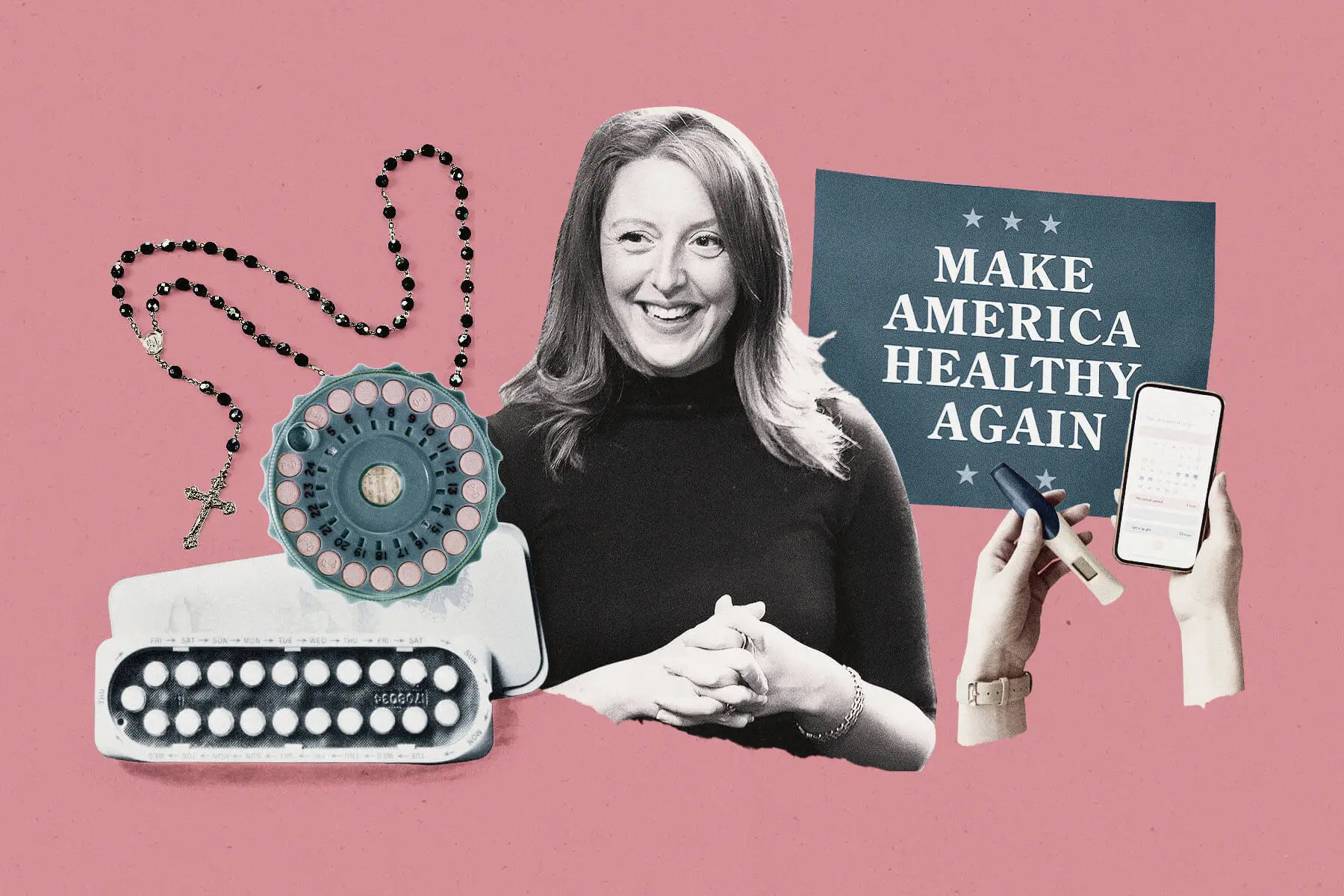 A illustrative collage with themes surrounding birth control, Make America Healthy again and Catholicism.