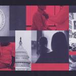 A collage-style includes a doctor examining a patient, a child receiving a vaccine, a protest sign reading “HANDS OFF MEDICAID,” the U.S. Capitol dome, the seal of the Department of Health and Human Services, a woman holding a child while looking out a window, and a close-up of someone holding a Medicaid benefits card.