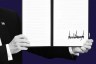 A close-up of President Trump holding open a signed executive order with a large signature visible on the right page.