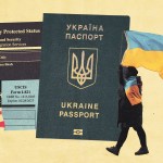 A collage-style illustration featuring a Ukrainian passport, a U.S. government document labeled “Temporary Protected Status” and “USCIS Form I-821,” and a silhouette of a person draped in a Ukrainian flag holding another large Ukrainian flag.