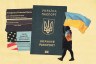 A collage-style illustration featuring a Ukrainian passport, a U.S. government document labeled “Temporary Protected Status” and “USCIS Form I-821,” and a silhouette of a person draped in a Ukrainian flag holding another large Ukrainian flag.