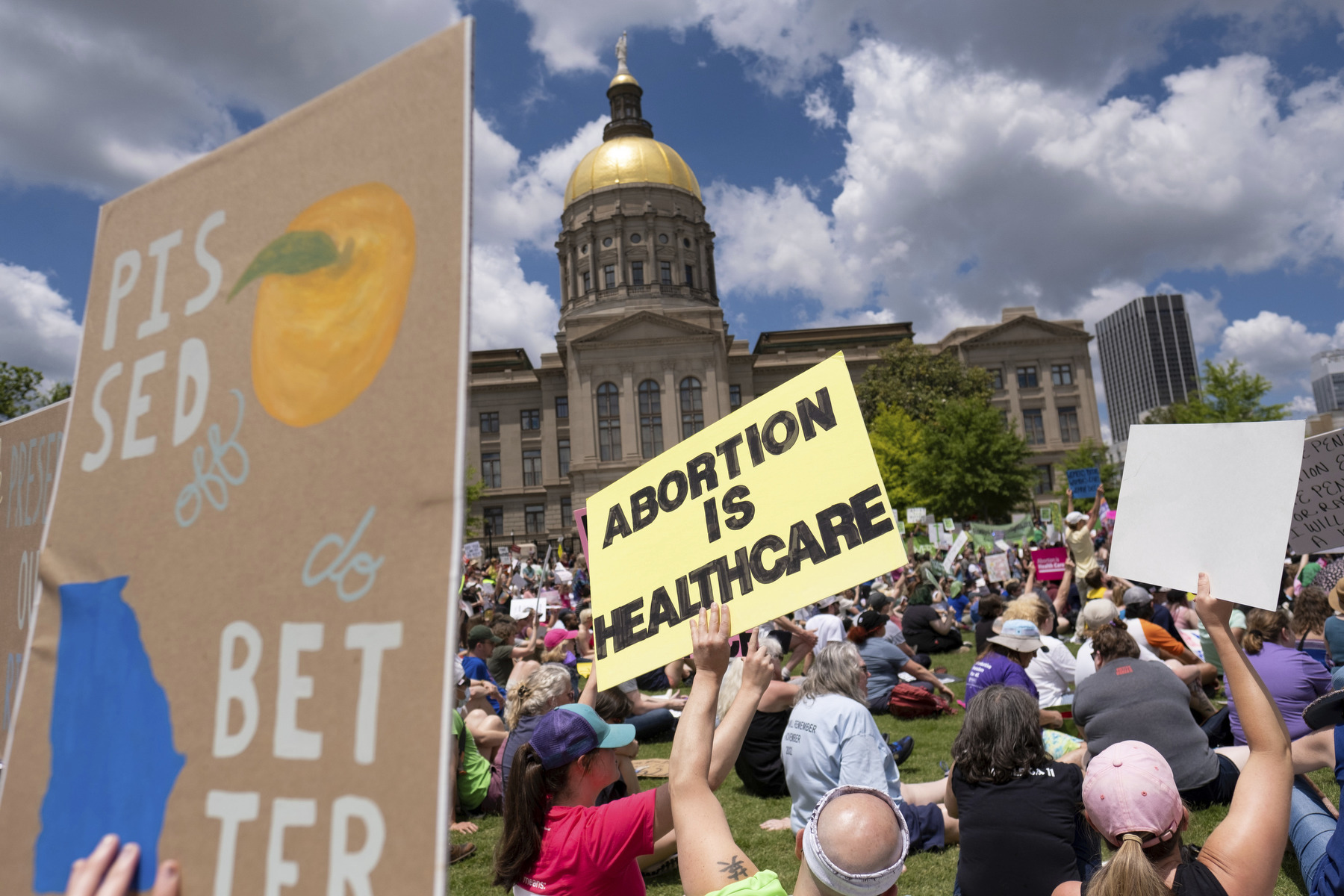 Protestors raise signs in front of the Georgia state capitol building.