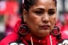 A demonstrator looks on during the annual Missing & Murdered Indigenous Women, People & Families march in Seattle.
