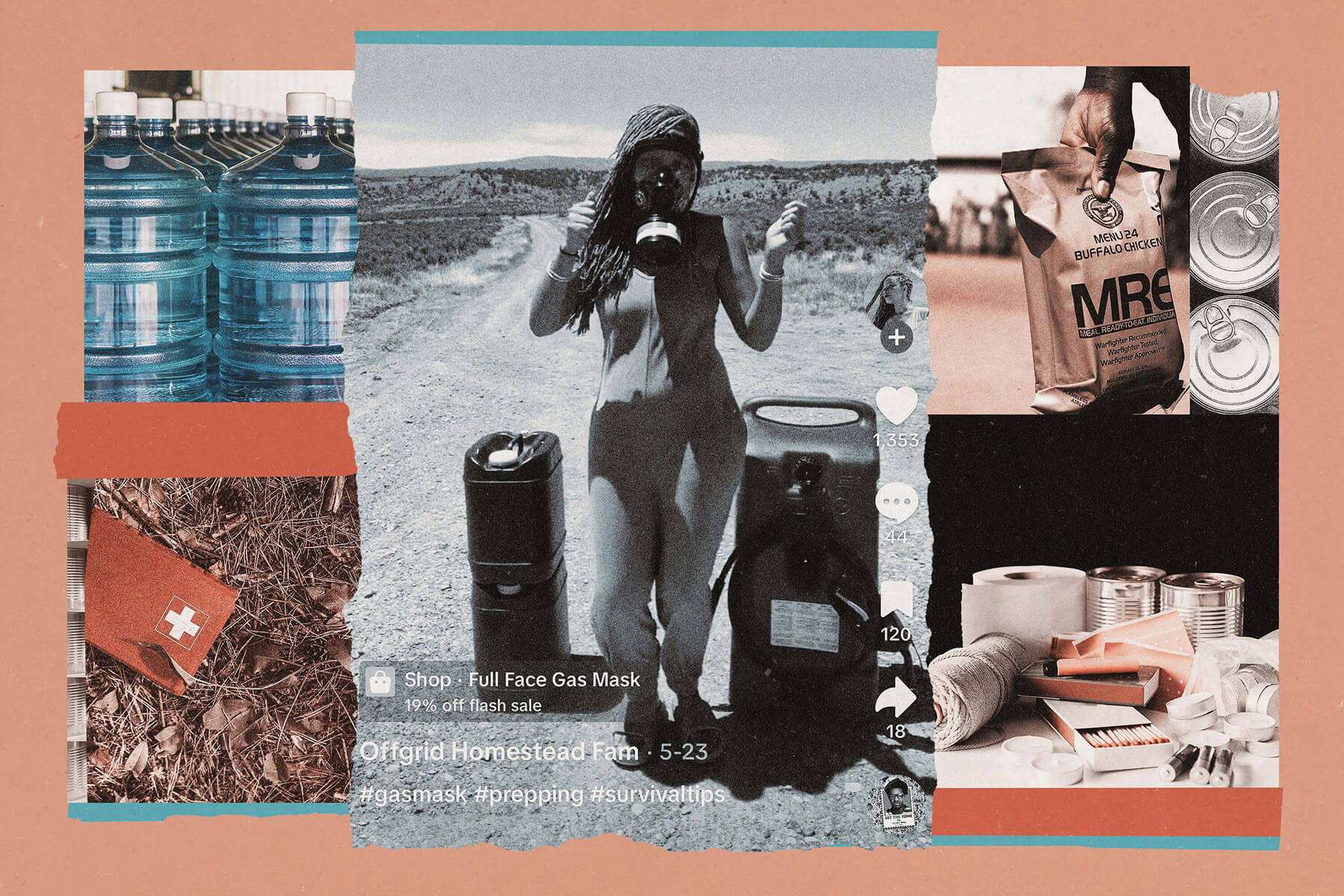 A collage depicting survivalist materials and TikTok influencer Zani Sunshine.