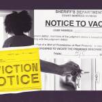 A collage depicting a person handling house keys and two images of eviction notices.