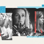 A collage featuring two close-up black-and-white portraits of two cheerleaders looking contemplative. The portraits are layered over a mix of images of cheerleader uniforms, legal documents, and colored textures.