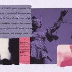a collage-style illustration featuring torn paper elements: a section of legal text about vawa grant programs, a black-and-white silhouette of a mother and child, a purple-toned statue of lady justice holding scales, a pink-tinted image of donald trump speaking.