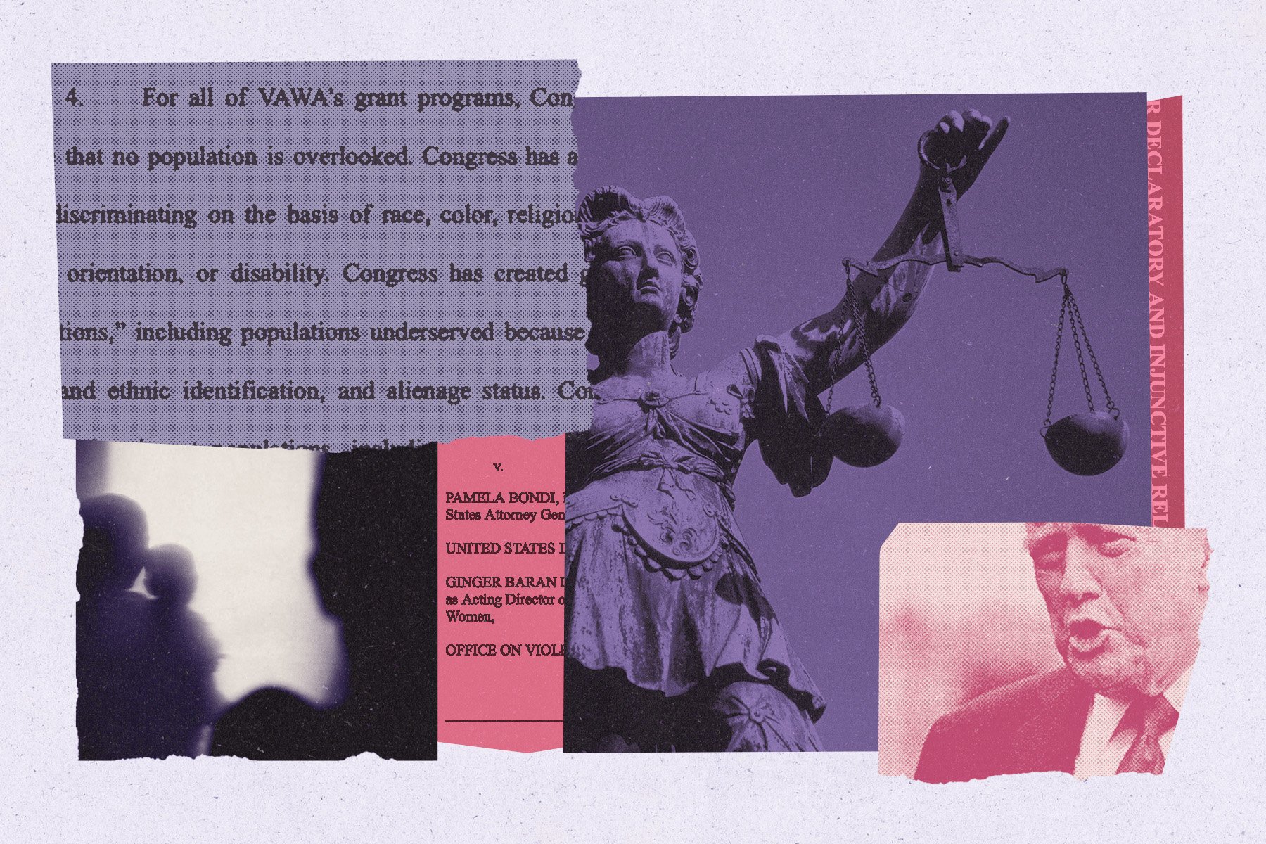 a collage-style illustration featuring torn paper elements: a section of legal text about vawa grant programs, a black-and-white silhouette of a mother and child, a purple-toned statue of lady justice holding scales, a pink-tinted image of donald trump speaking.