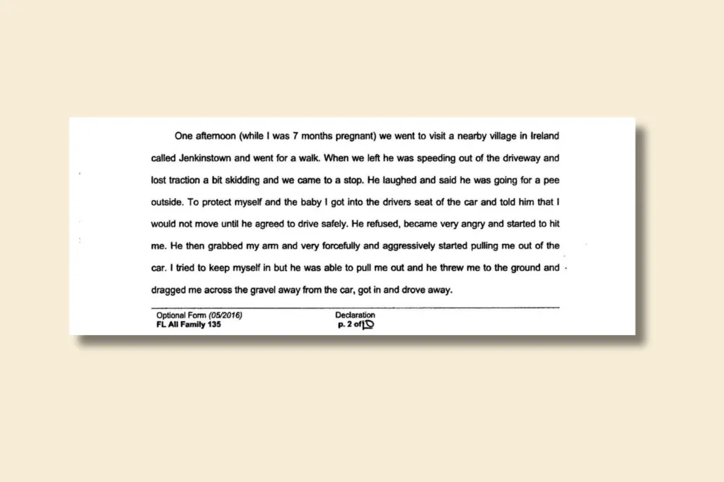 A cropped image of a court declaration describing an incident in which a woman was physically assaulted while seven months pregnant.