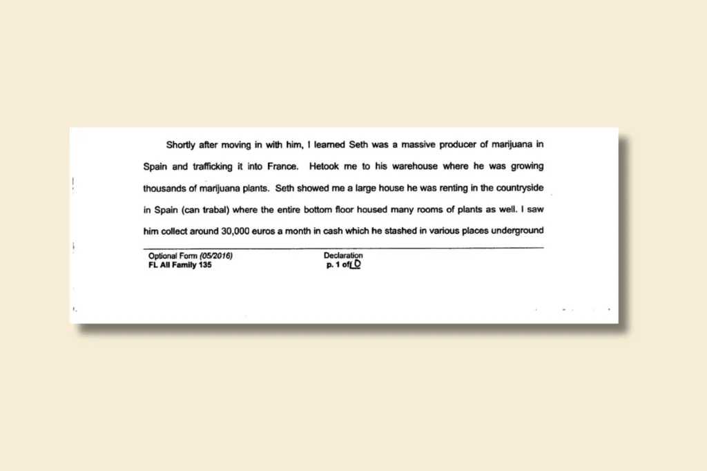 A cropped image of a court document describing a man’s alleged large-scale marijuana production and trafficking between Spain and France.