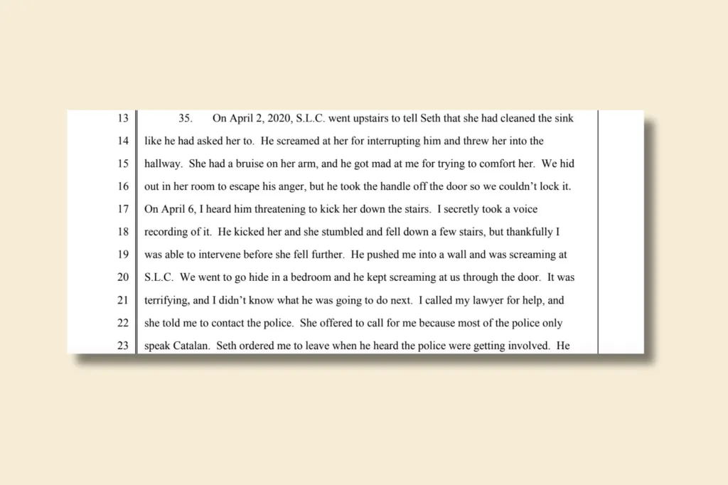 A cropped image of a court document describing threats and physical violence, including details of a woman and child hiding from an abuser.