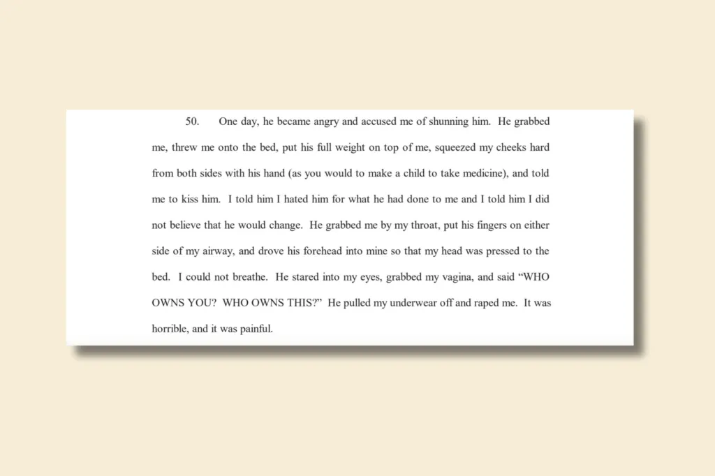 A cropped image of a legal document showing Narkis Golan’s sworn declaration, describing domestic abuse by her ex-husband in defense against his Hague Convention petition.