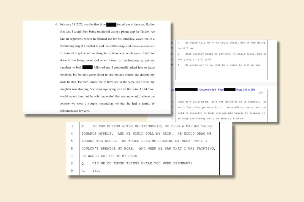 A collage of court documents and declarations showing allegations of abuse from three mothers involved in Hague Convention cases.