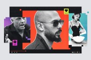 A collage featuring prominent internet personalities. In the center is Andrew Tate wearing sunglasses against a bold red background. On the left, Joe Rogan speaks into a microphone with a purple gradient backdrop and a speech bubble icon showing 578 comments. On the right, Nara Smith stands at a counter in a black dress, pouring liquid into a mixing bowl with a blue-green background and a heart icon displaying 328.7K likes. Binary code runs across the background.