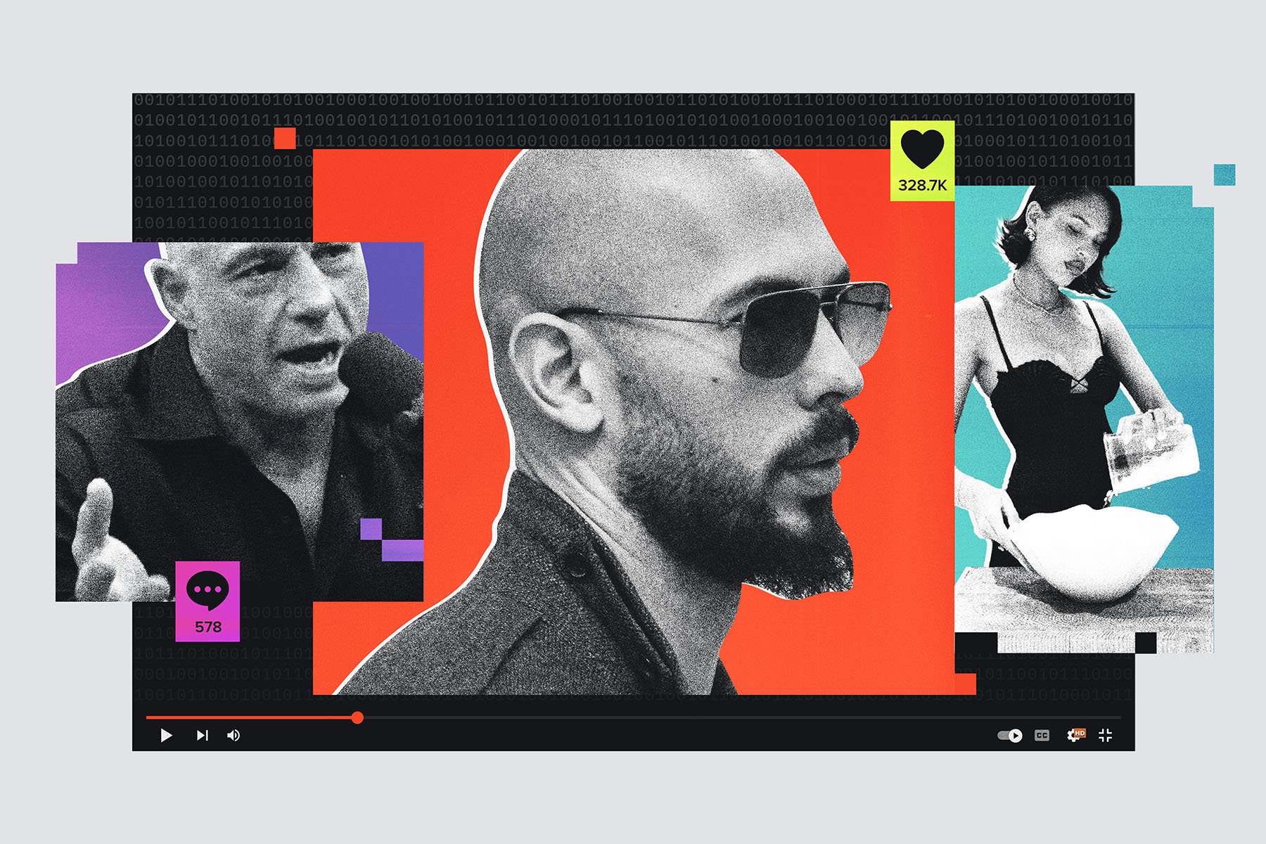 A collage featuring prominent internet personalities. In the center is Andrew Tate wearing sunglasses against a bold red background. On the left, Joe Rogan speaks into a microphone with a purple gradient backdrop and a speech bubble icon showing 578 comments. On the right, Nara Smith stands at a counter in a black dress, pouring liquid into a mixing bowl with a blue-green background and a heart icon displaying 328.7K likes. Binary code runs across the background.