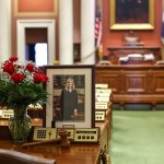 A memorial is seen on the desk of DFL State Rep. Melissa Hortman in the House chambers at the Minnesota State Capitol.