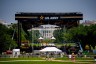 A U.S. Army reviewing stand continues to be built in front of the White House ahead of the Army's 250th birthday parade.