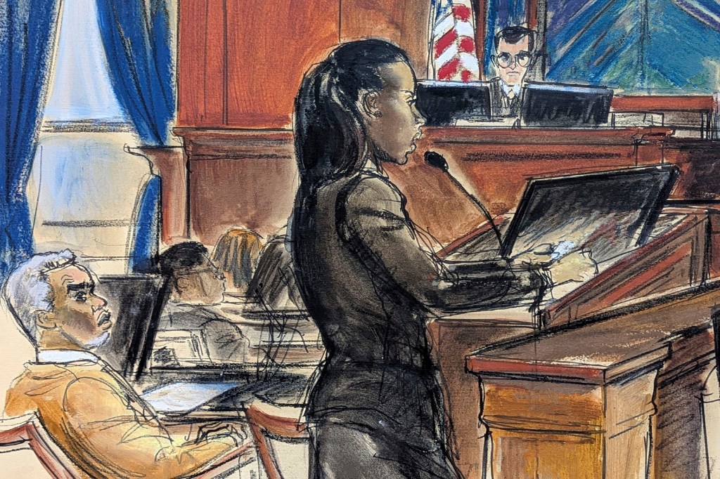 Court sketch of Defense attorney Nicole Westmoreland (center) cross examines Dawn Richard as Sean 