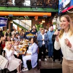 Democratic candidate for Governor Rep. Mikie Sherrill speaks during a Latinos for Mikie event at a restaurant.