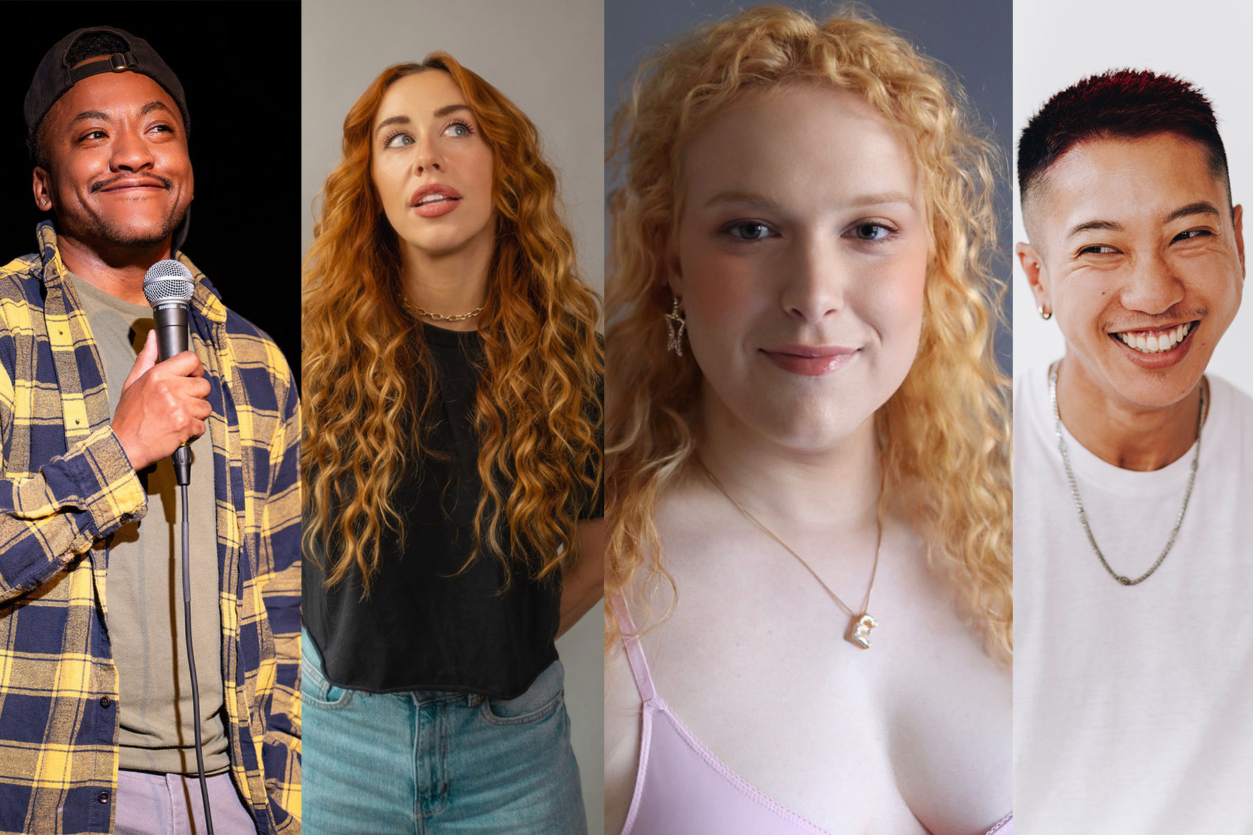 Portraits of the four comedians against clean backgrounds.