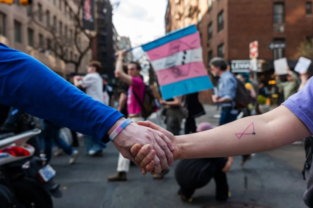 People march through Manhattan on Trans Day of Visibility on March 31, 2025 in New York City.
