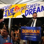 Democratic mayoral candidate Zohran Mamdani celebrates at his primary election party.