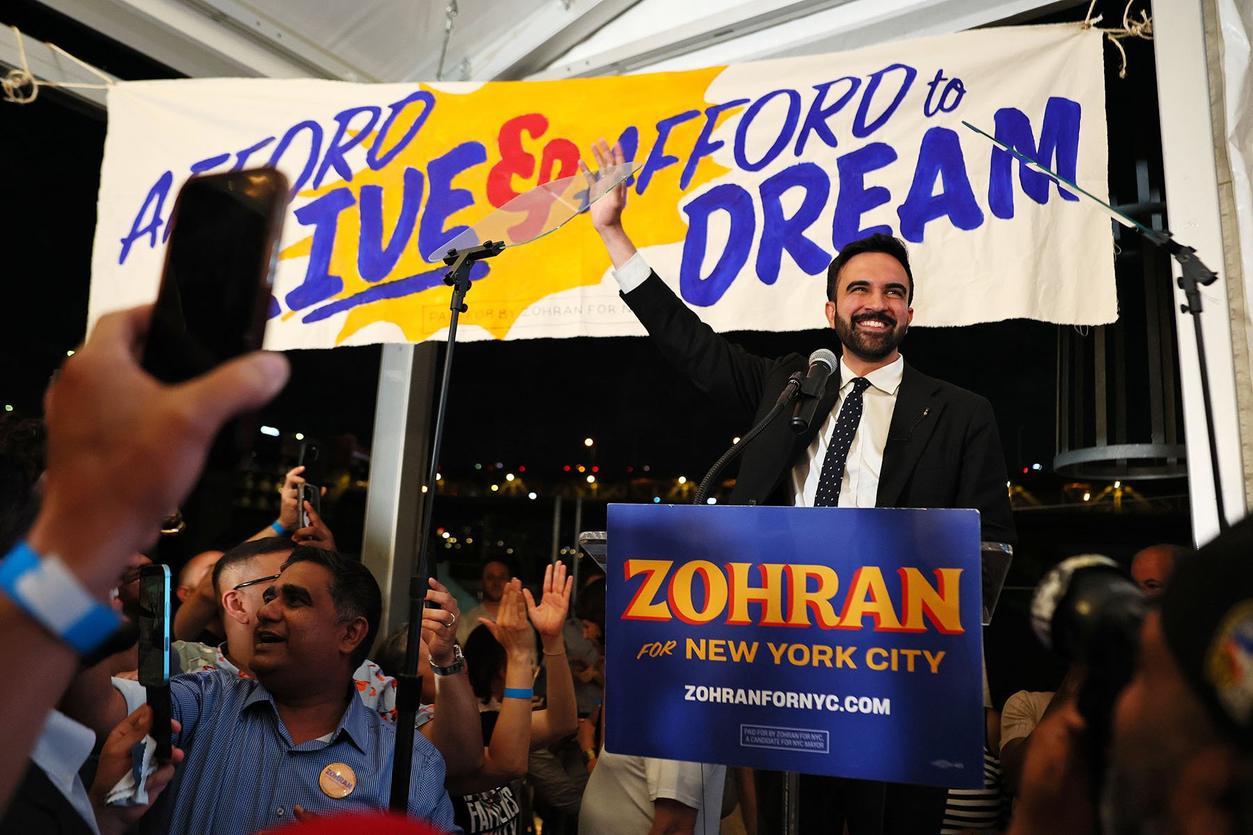 Democratic mayoral candidate Zohran Mamdani celebrates at his primary election party.