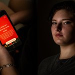 On the left side, a phone with a red screen. On the right side, a person with brown curly hair looks into the camera.