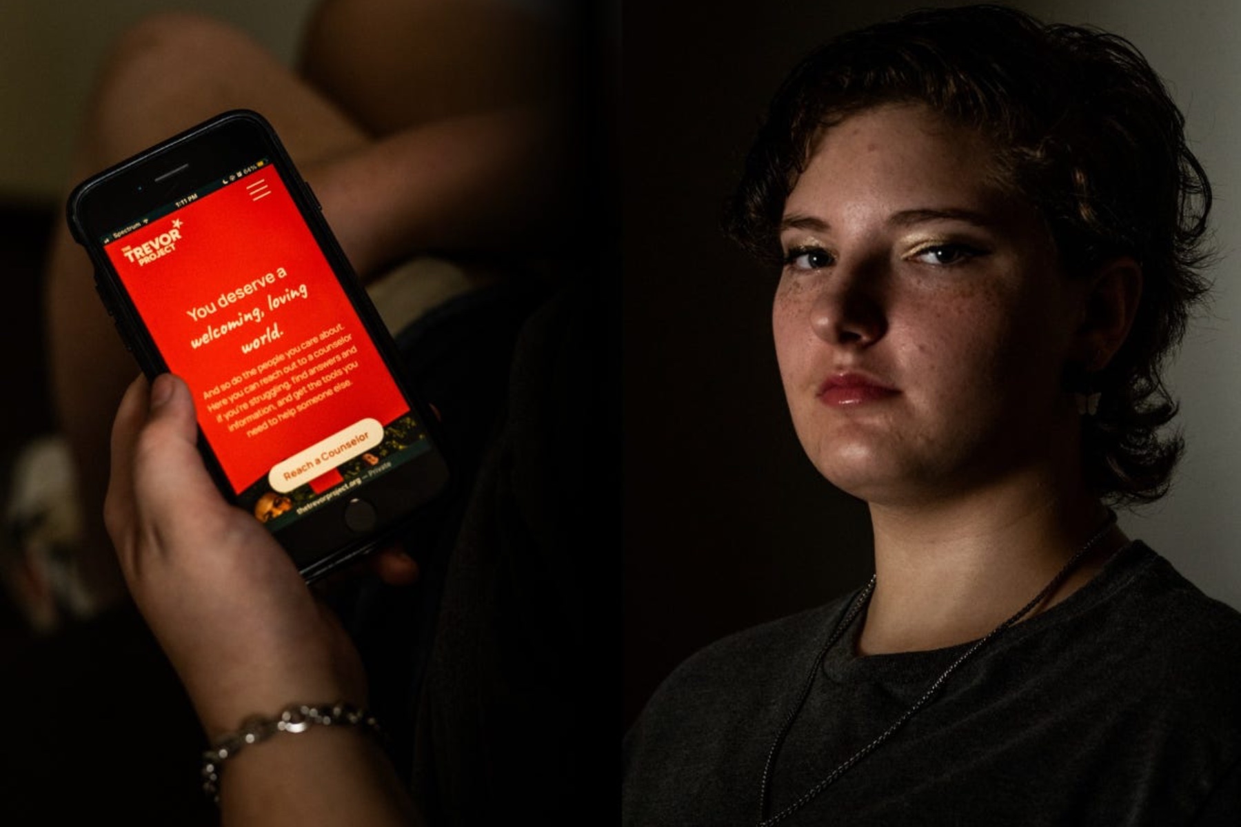 On the left side, a phone with a red screen. On the right side, a person with brown curly hair looks into the camera.
