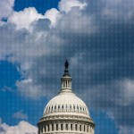 Capitol building against a blue sky with binary code on top of it.