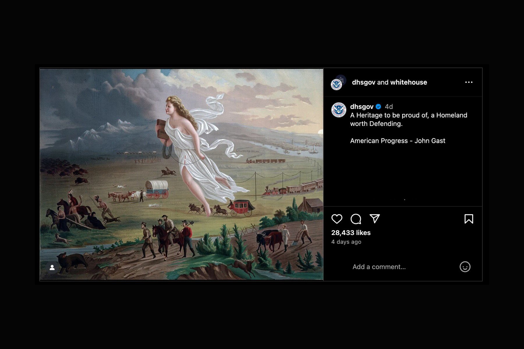 Screenshot of the DHS and the White House's Instagram account showing the painting American Progress by John Gast with the caption “A Heritage to be proud of, a Homeland worth Defending.”