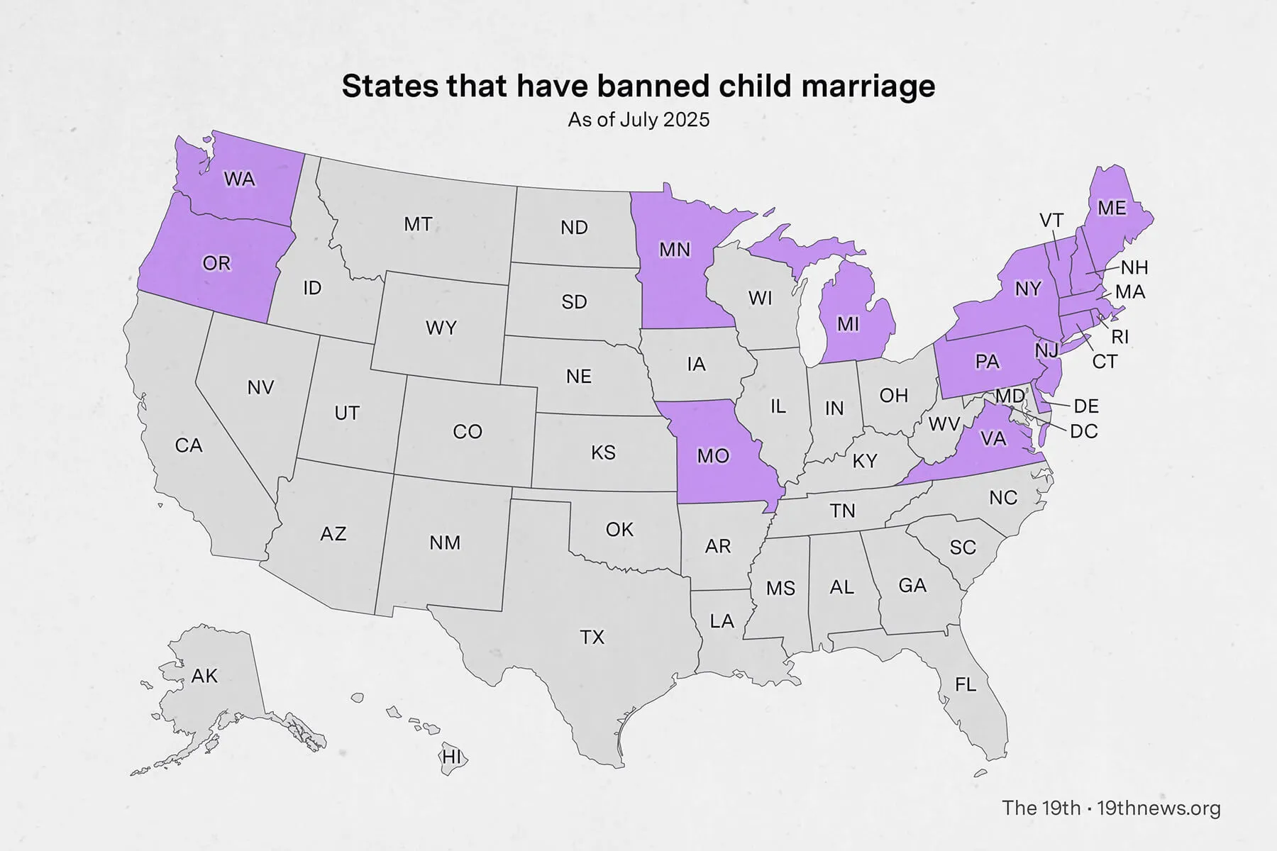 An illustrative map depicting the states that have banned child marriage in the U.S.