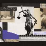 An illustration of several images reflecting justice system and border patrol.