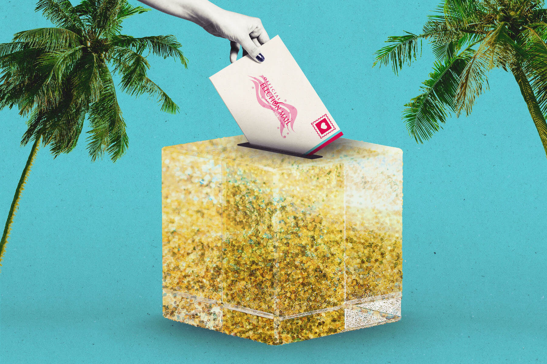 An illustration of a sparkling gold box with a USA ballot being placed inside.