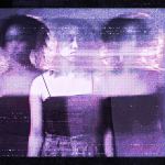 A digitally manipulated portrait of a young woman with short curly hair in a dark tank top, shown in three ghostly exposures side by side.