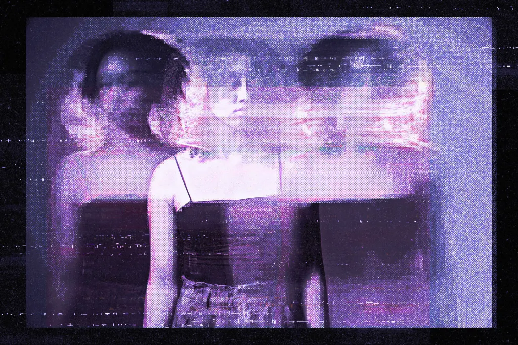A digitally manipulated portrait of a young woman with short curly hair in a dark tank top, shown in three ghostly exposures side by side.